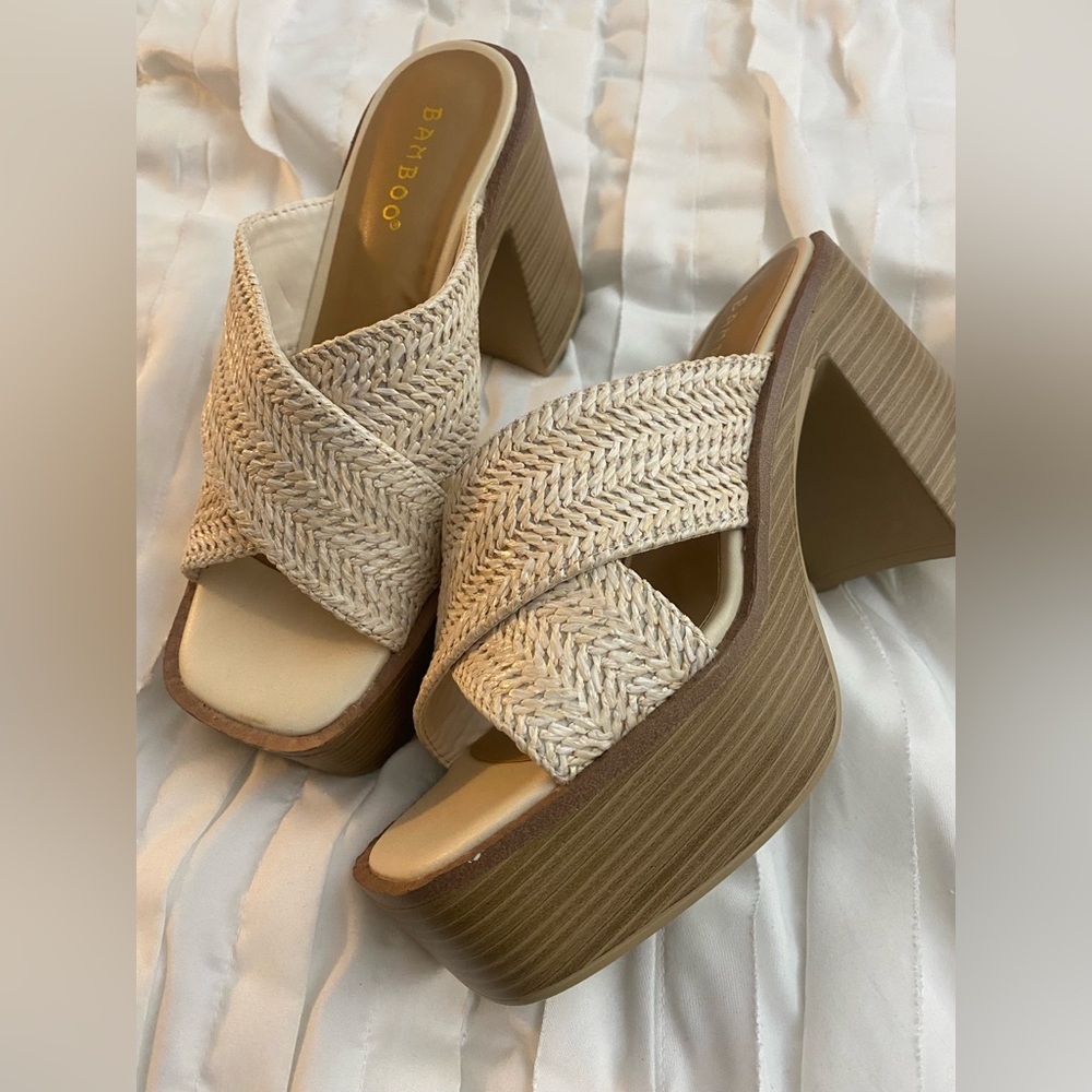 BAMBOO Cream and Tan Platform Sandals with Woven Straps